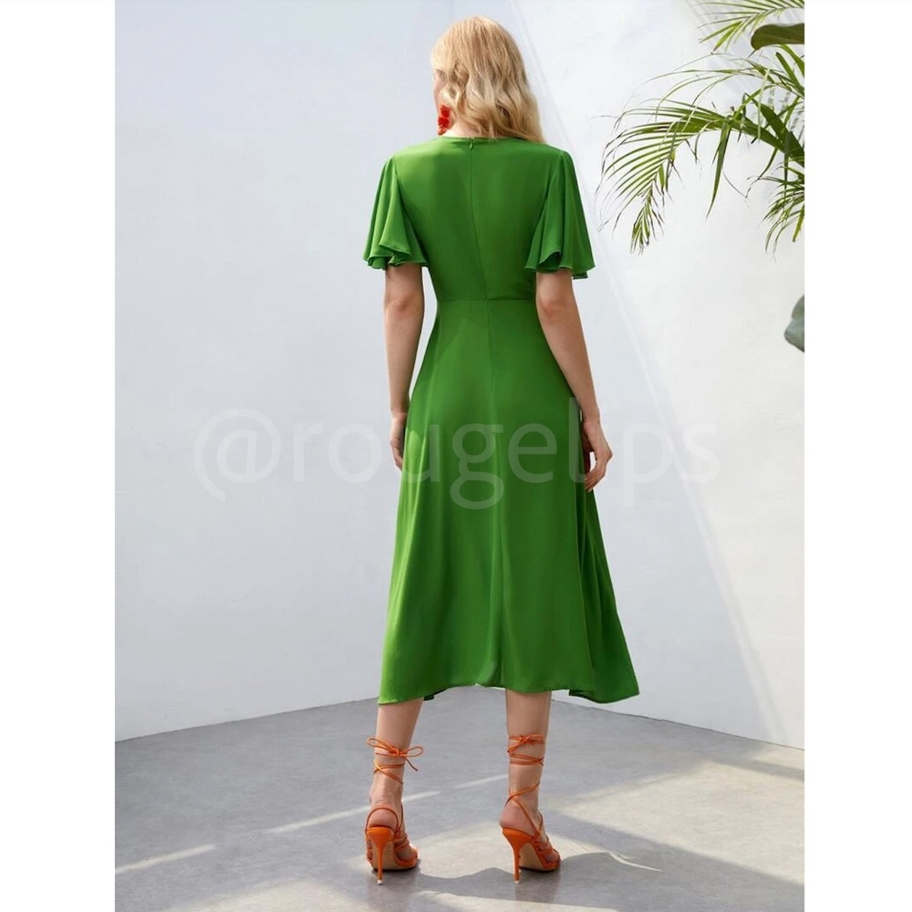 Green V-Neck Midi Dress Fit and Flare Butterfly Sleeve Faux Button Front - Picture 2 of 9
